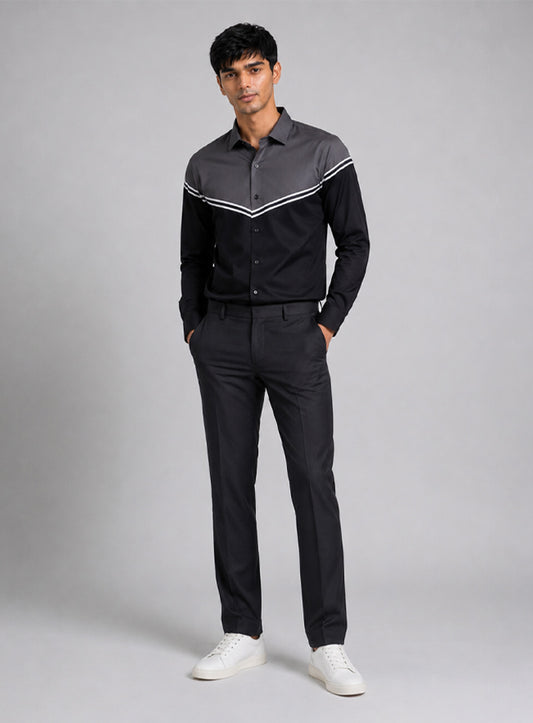Black & Grey Cotton Satin Lounge Shirt With Angular Mix-Match Design