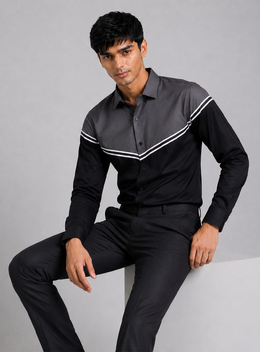 Black & Grey Cotton Satin Lounge Shirt With Angular Mix-Match Design