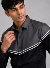 Black & Grey Cotton Satin Lounge Shirt With Angular Mix-Match Design