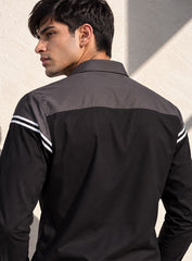 Black & Grey Cotton Satin Lounge Shirt With Angular Mix-Match Design