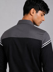 Black & Grey Cotton Satin Lounge Shirt With Angular Mix-Match Design