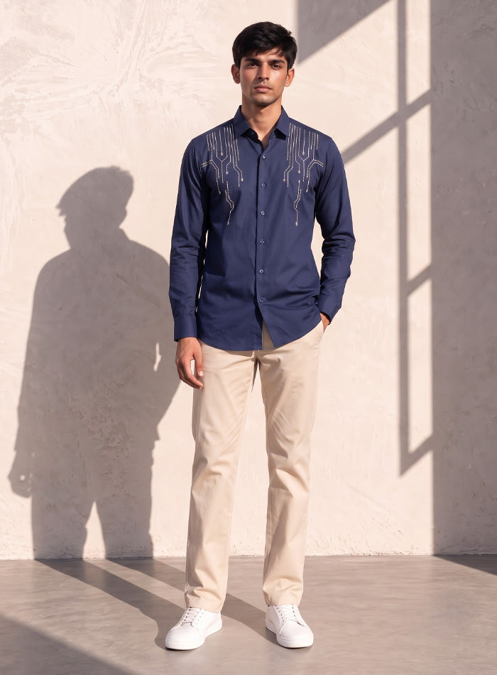 Blue Cotton Satin Lounge Shirt With Architectural Thread Embroidery