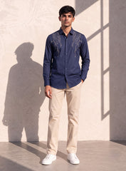 Blue Cotton Satin Lounge Shirt With Architectural Thread Embroidery