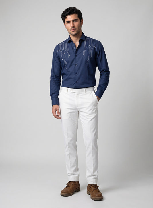 Blue Cotton Satin Lounge Shirt With Architectural Thread Embroidery