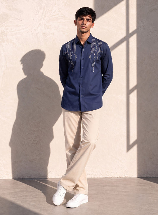 Blue Cotton Satin Lounge Shirt With Architectural Thread Embroidery