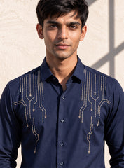 Blue Cotton Satin Lounge Shirt With Architectural Thread Embroidery