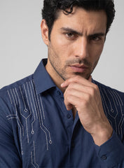 Blue Cotton Satin Lounge Shirt With Architectural Thread Embroidery
