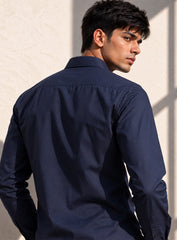 Blue Cotton Satin Lounge Shirt With Architectural Thread Embroidery