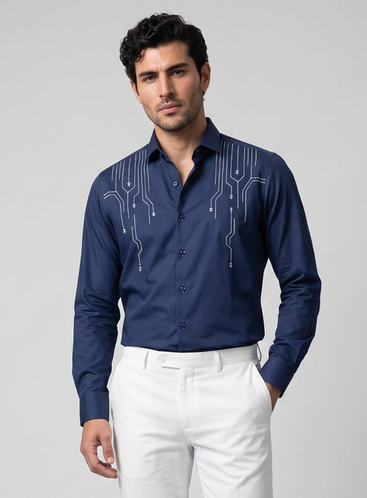 Blue Cotton Satin Lounge Shirt With Architectural Thread Embroidery
