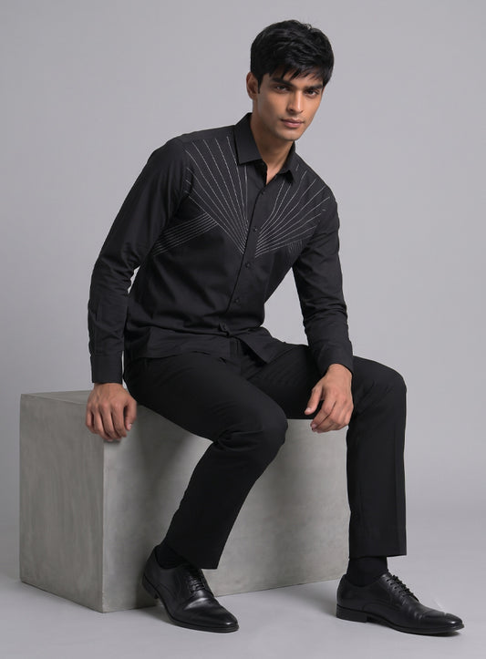 Black Cotton Satin Lounge Shirt With Sculpted Pintex Work