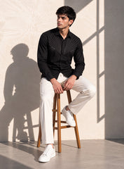 Black Cotton Satin Lounge Shirt With Sculpted Pintex Work