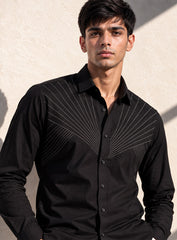 Black Cotton Satin Lounge Shirt With Sculpted Pintex Work