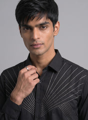 Black Cotton Satin Lounge Shirt With Sculpted Pintex Work