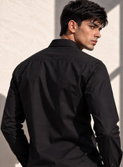 Black Cotton Satin Lounge Shirt With Sculpted Pintex Work