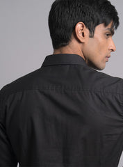 Black Cotton Satin Lounge Shirt With Sculpted Pintex Work