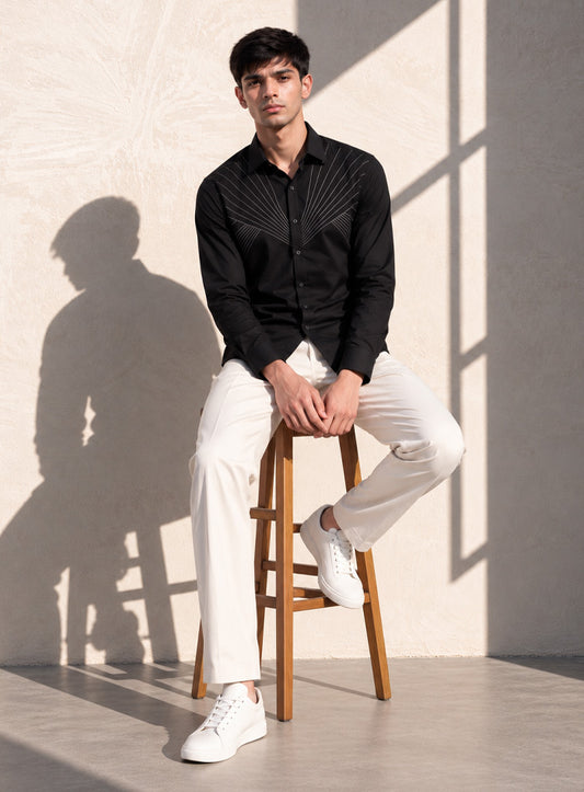 Black Cotton Satin Lounge Shirt With Sculpted Pintex Work
