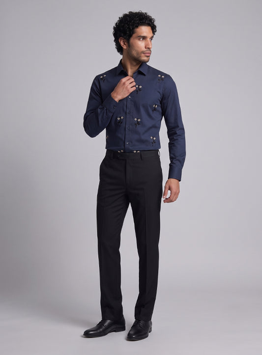 Royal Blue Cotton Satin Lounge Shirt With Floral Bead Hand Embroidery