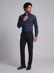Royal Blue Cotton Satin Lounge Shirt With Floral Bead Hand Embroidery