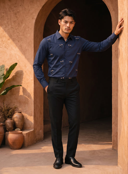 Royal Blue Cotton Satin Lounge Shirt With Floral Bead Hand Embroidery