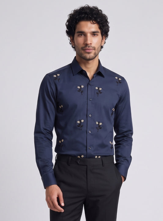 Royal Blue Cotton Satin Lounge Shirt With Floral Bead Hand Embroidery