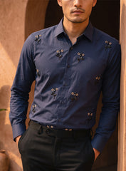 Royal Blue Cotton Satin Lounge Shirt With Floral Bead Hand Embroidery