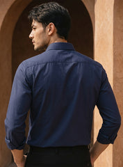 Royal Blue Cotton Satin Lounge Shirt With Floral Bead Hand Embroidery
