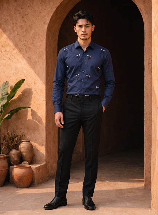Royal Blue Cotton Satin Lounge Shirt With Floral Bead Hand Embroidery