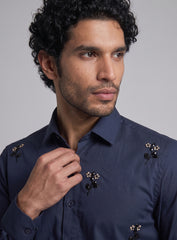 Royal Blue Cotton Satin Lounge Shirt With Floral Bead Hand Embroidery