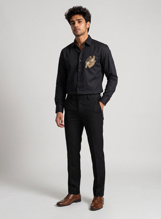 Black Cotton Satin Lounge Shirt With Zardozi & Bead Hand Embroidery