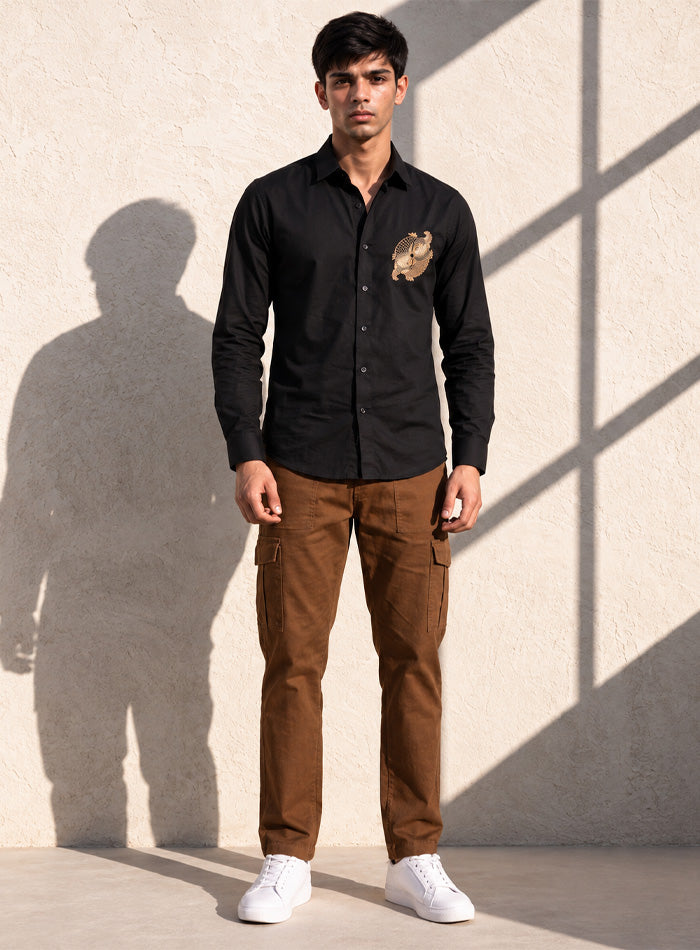Black Cotton Satin Lounge Shirt With Zardozi & Bead Hand Embroidery