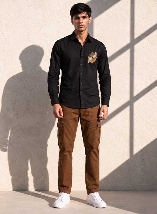Black Cotton Satin Lounge Shirt With Zardozi & Bead Hand Embroidery