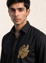 Black Cotton Satin Lounge Shirt With Zardozi & Bead Hand Embroidery