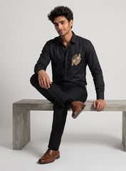 Black Cotton Satin Lounge Shirt With Zardozi & Bead Hand Embroidery