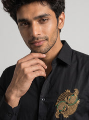 Black Cotton Satin Lounge Shirt With Zardozi & Bead Hand Embroidery