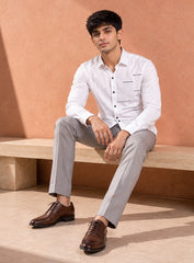 White Cotton Satin Lounge Shirt With Contrast Linear Mix-Match Design