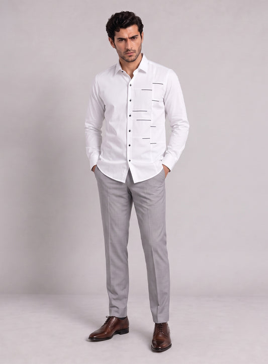 White Cotton Satin Lounge Shirt With Contrast Linear Mix-Match Design
