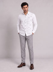 White Cotton Satin Lounge Shirt With Contrast Linear Mix-Match Design