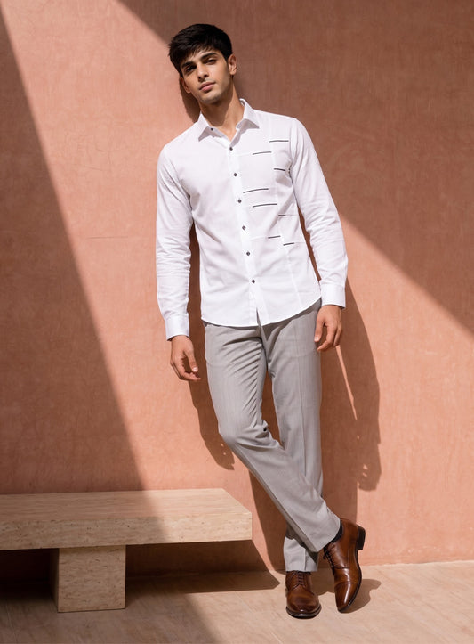 White Cotton Satin Lounge Shirt With Contrast Linear Mix-Match Design