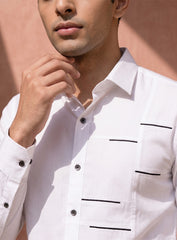 White Cotton Satin Lounge Shirt With Contrast Linear Mix-Match Design