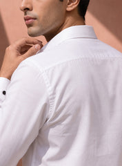 White Cotton Satin Lounge Shirt With Contrast Linear Mix-Match Design