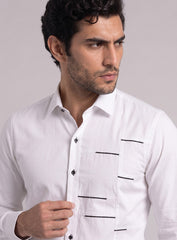 White Cotton Satin Lounge Shirt With Contrast Linear Mix-Match Design