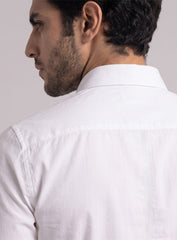 White Cotton Satin Lounge Shirt With Contrast Linear Mix-Match Design