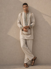 Light Beige Silk Kurta Pajama Set with Print & Embroidery