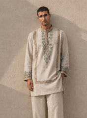 Light Beige Silk Kurta Pajama Set with Print & Embroidery
