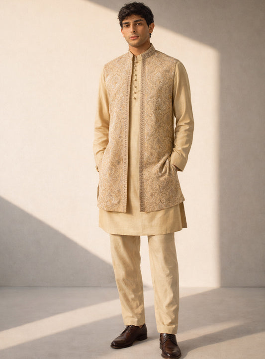 Golden Nawab Top Set in Mustard Silk Fabric with Embroidery