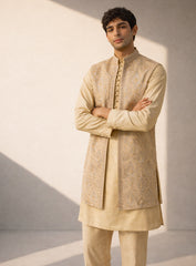 Golden Nawab Top Set in Mustard Silk Fabric with Embroidery