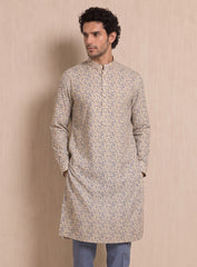 Ivory & Blue Floral Print Cotton Linen Kurta Pajama Set
