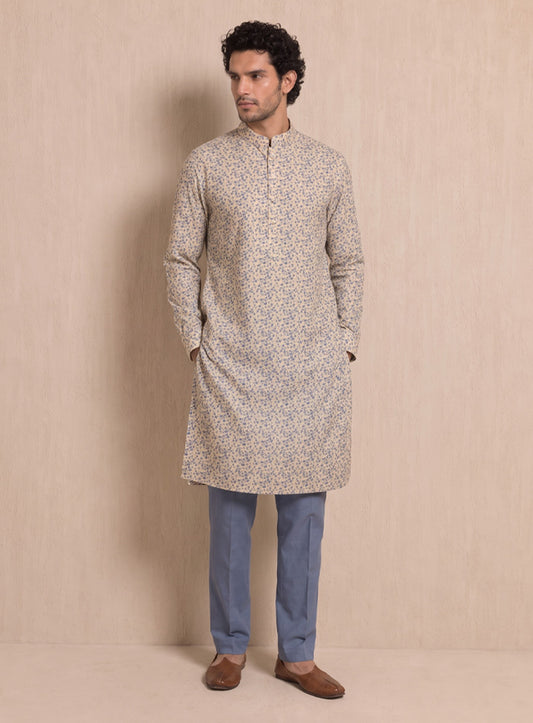 Ivory & Blue Floral Print Cotton Linen Kurta