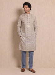 Ivory & Blue Floral Print Cotton Linen Kurta Pajama Set