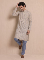 Ivory & Blue Floral Print Cotton Linen Kurta Pajama Set